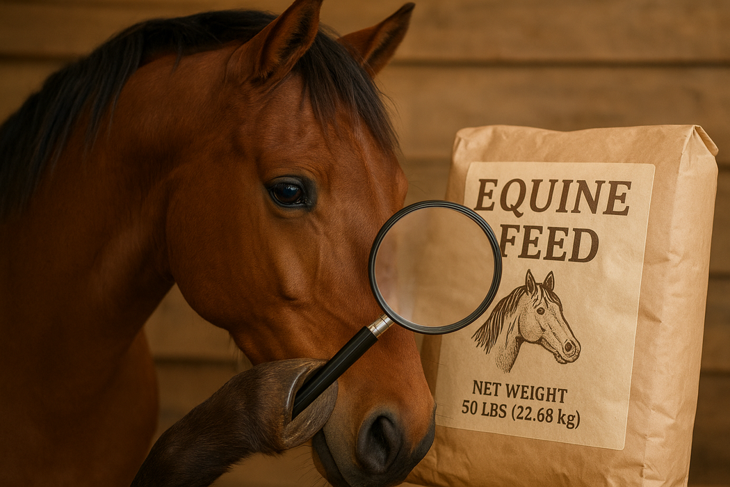 An AI generated image of a horse investing a bag of equine feed.