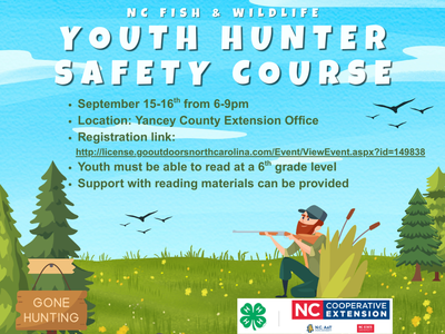 Flyer depicting a hunter in a field of flowers and trees with birds flying against a blue sky