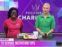 Two presenters at studio desk with fruit and snacks; banner reads "BACK TO SCHOOL NUTRITION TIPS"