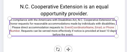 screenshot of disclaimer text in Canva, showing the contact info in red font that must be edited.