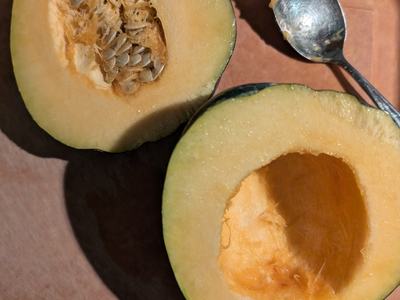 An acorn squash, partially cleaned.