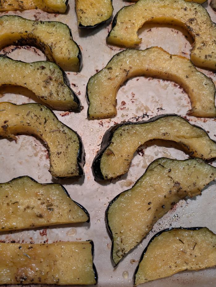 Roasted squash on a pan.