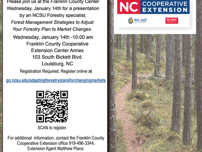 2026 Adapting Your Forestry Plan to Changing Markets flyer dtae, time, location, registration info. forest background image