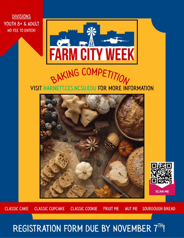 Farm City Week baking competition poster; visit harnett.ces.ncsu.edu; registration due Nov 7