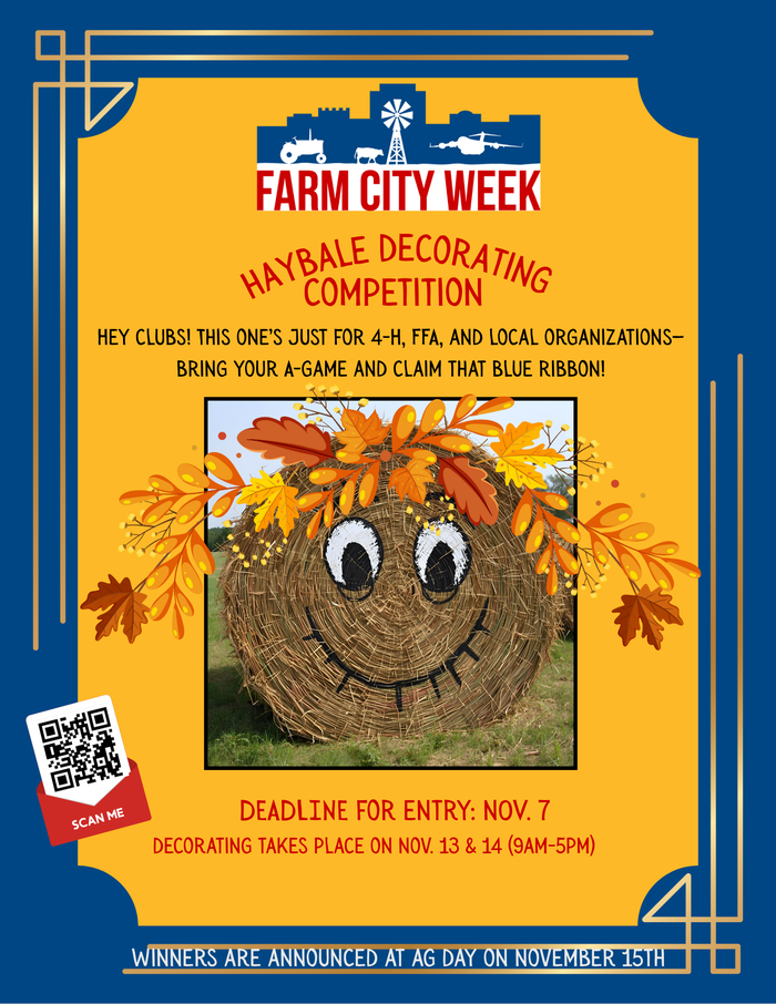 Haybale painted with smiling face and fall leaves; header Farm City Week; deadline Nov. 7
