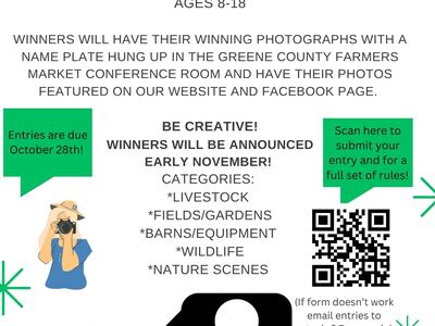 Greene County 4‑H Photography Contest flyer; ages 8–18; entries due October 28