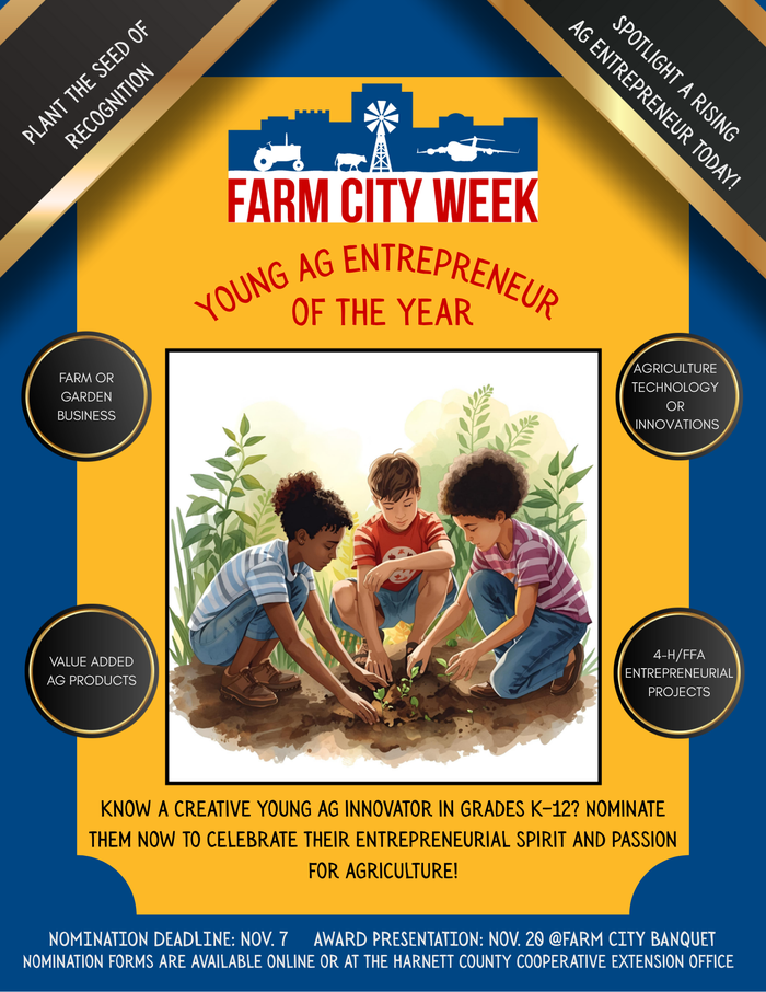 Three children planting seedlings under headline "FARM CITY WEEK" and "Young Ag Entrepreneur of the Year"
