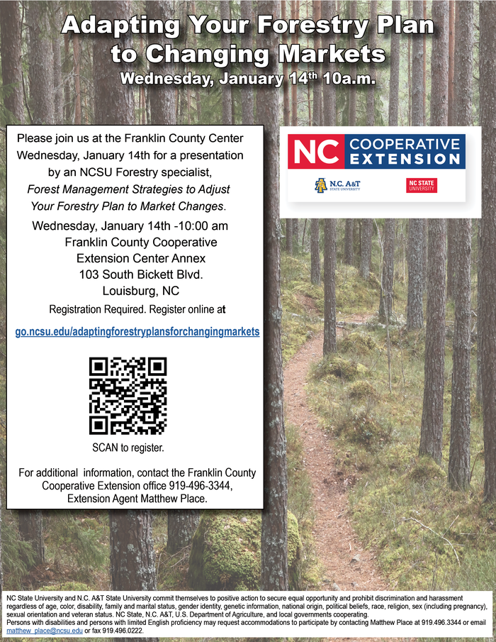 2026 Adapting Your Forestry Plan to Changing Markets flyer date, time, location, registration info. forest background image