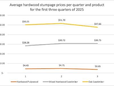 Average hardwood stumpage prices per quarter and product for the first three quarters of 2025 
