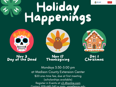 Holiday Happenings flyer: Nov 3 Day of the Dead, Nov 17 Thanksgiving, Dec 1 Christmas; Mondays 3:30–5:00 pm