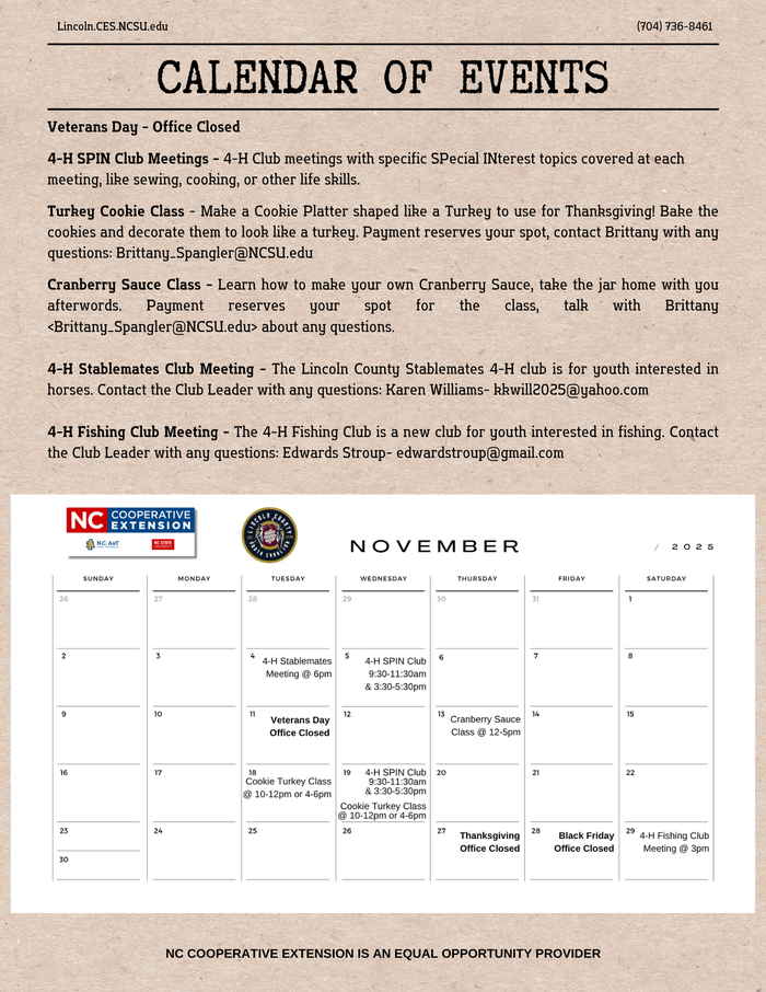page 4 of the November 2025Newsletter with the Calendar of Events