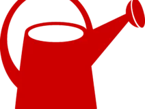 Red watering can with curved handle and angled spout
