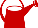 Red watering can with curved handle and angled spout