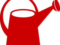 Red watering can with curved handle and angled spout