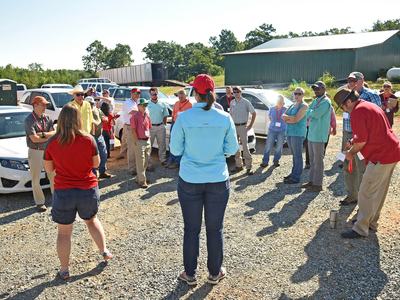 An N.C. Cooperative Extension agent speaking to a crowd at a farm during a field day hosted by NC State's College of Agriculture and Life Sciences.