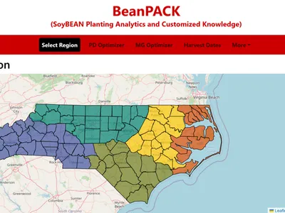NC State BeanPACK page with "Select Region" and NC map split into colored soybean regions with legend