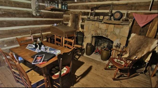 The inside of a log cabin.