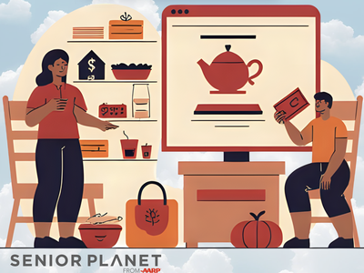 Two people browsing an online shop on a large screen showing a teapot; text "SENIOR PLANET FROM AARP"