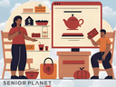 Two people browsing an online shop on a large screen showing a teapot; text "SENIOR PLANET FROM AARP"
