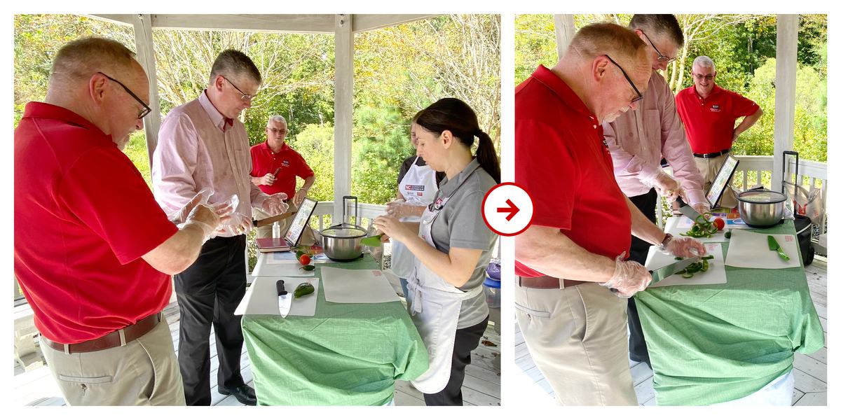 Onslow County EFNEP Educator (Paige S.) showing Dean Fox and Extension Director David Monks the pitch grip technique.