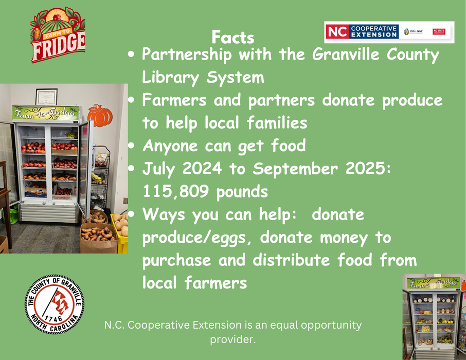 Farm-to-Fridge fridge with produce; partnership with Granville Library; 115,809 lbs