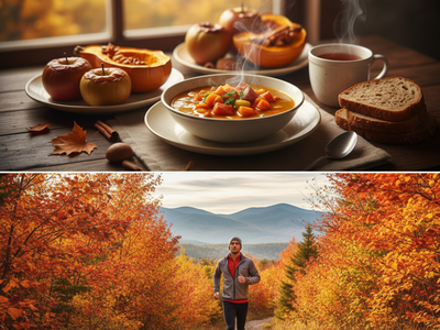 AI Gemini generated split image contrasting two scenes of fall health. The top panel shows a cozy indoor setting with a bowl of steaming vegetable soup, sliced squash, and baked apples on a wooden table by a window overlooking autumn trees. The bottom pan