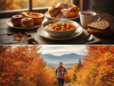 AI Gemini generated split image contrasting two scenes of fall health. The top panel shows a cozy indoor setting with a bowl of steaming vegetable soup, sliced squash, and baked apples on a wooden table by a window overlooking autumn trees. The bottom pan