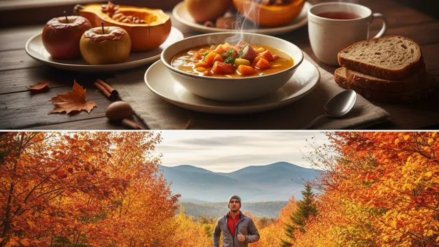 AI Gemini generated split image contrasting two scenes of fall health. The top panel shows a cozy indoor setting with a bowl of steaming vegetable soup, sliced squash, and baked apples on a wooden table by a window overlooking autumn trees. The bottom pan