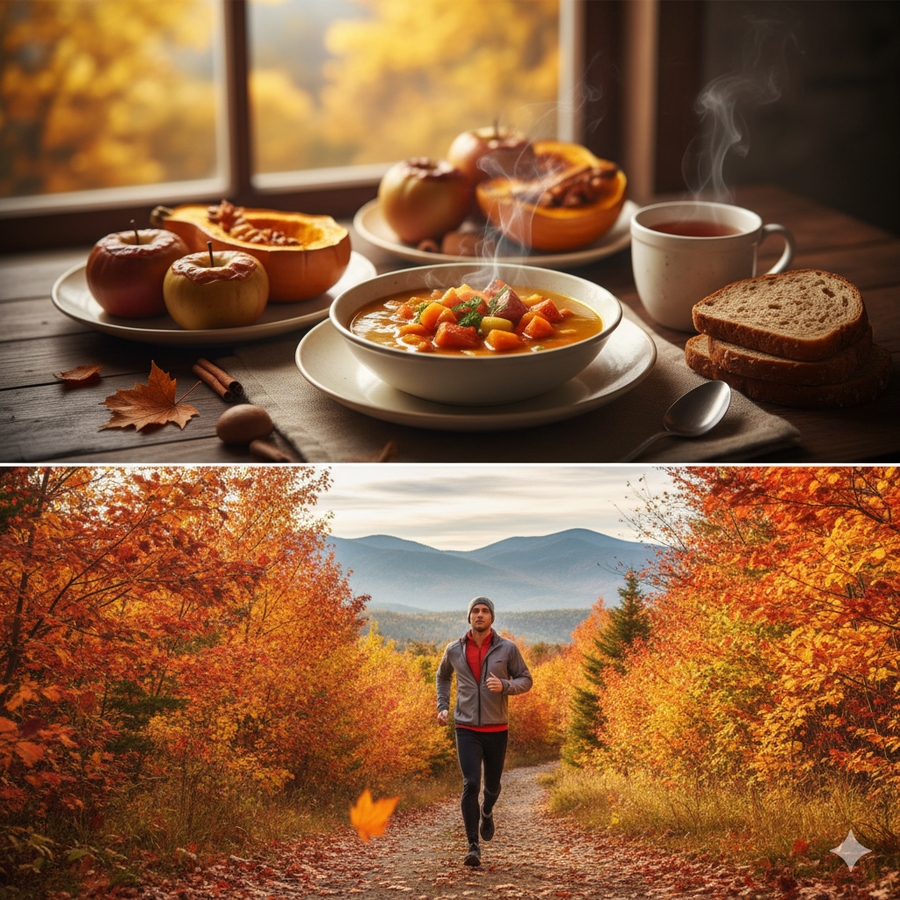 AI Gemini generated split image contrasting two scenes of fall health. The top panel shows a cozy indoor setting with a bowl of steaming vegetable soup, sliced squash, and baked apples on a wooden table by a window overlooking autumn trees. The bottom panel shows a man running on a dirt path through a vibrant forest with bright orange and yellow fall leaves.