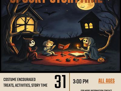 Spooky Storytime poster: children in costumes reading by moonlight; 31 October, 3:00 PM, All Ages