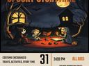 Spooky Storytime poster: children in costumes reading by moonlight; 31 October, 3:00 PM, All Ages