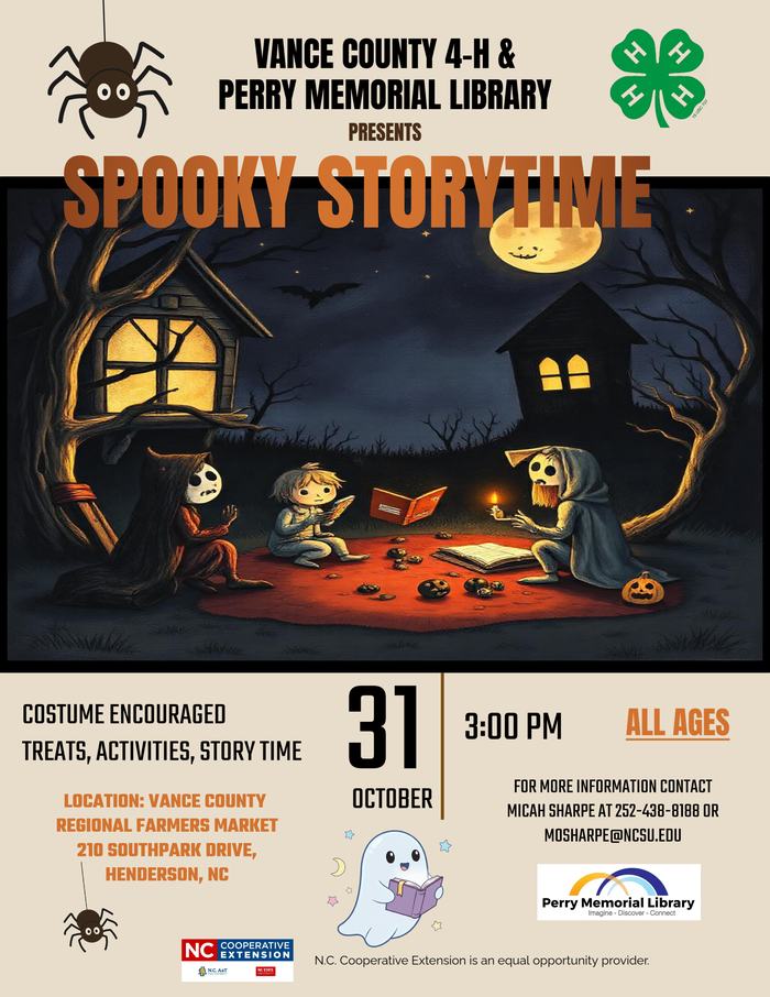 Spooky Storytime poster: children in costumes reading by moonlight; 31 October, 3:00 PM, All Ages