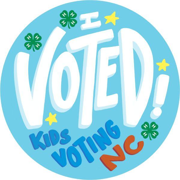 Image of a sticker that says "I Voted! Kids Voting NC"