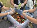 Staff making compost