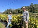 A young man and woman standing in a field of bright yellow flowers