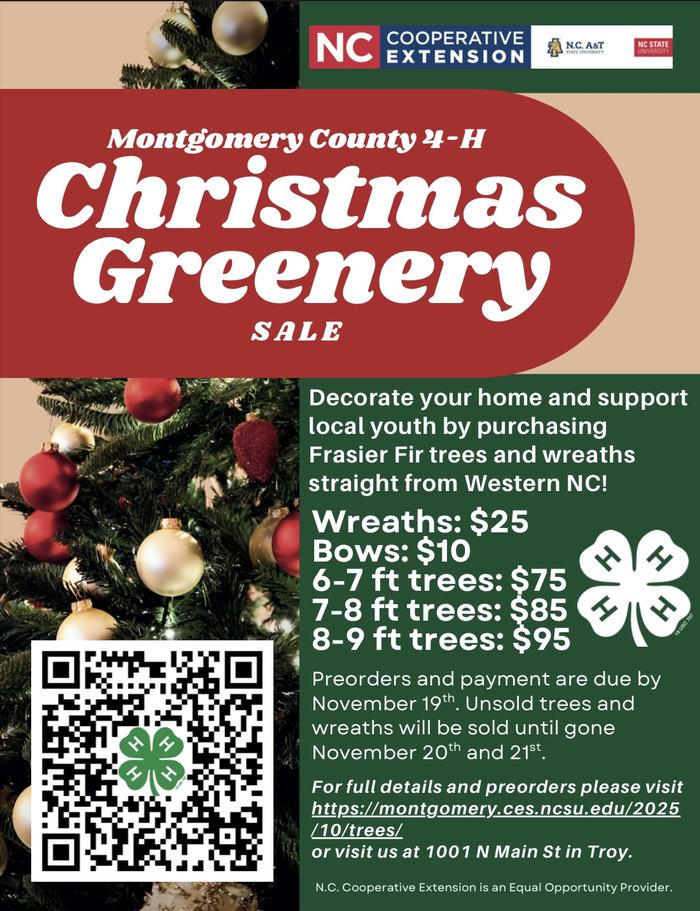 Montgomery County 4-H Christmas Greenery sale; wreaths $25, trees $75–$95; preorder by Nov 19