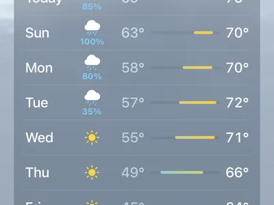 10 Day Forecast for Rich Square showing mostly rainy days and temperatures between 64 and 73 degrees Fahrenheit. 