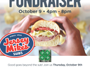 Image of a flyer with fundraiser details and hands holding a sub sandwich