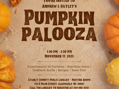 Andrew & Hayley's Pumpkin Palooza, Nov 17, 2025, 1:30–2:30 PM at Stanly County Public Library