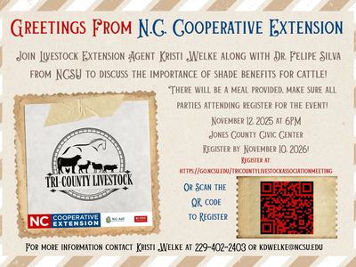 Greetings From N.C. Cooperative Extension flyer — Tri-County Livestock meeting Nov 12, 2025 at 6PM