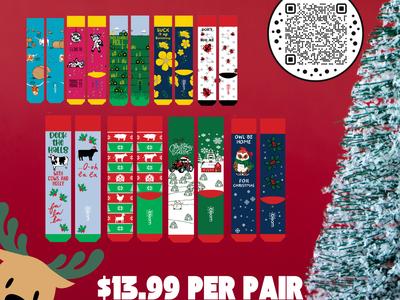 Cherokee County 4-H Holiday sock store poster with QR code and "$13.99 per pair"