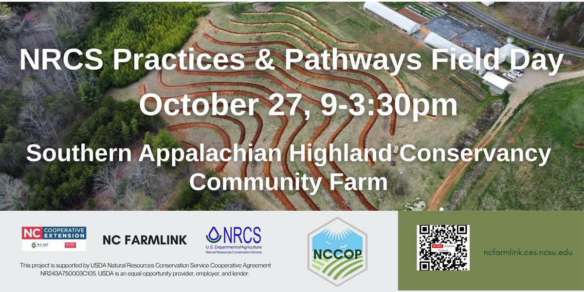 NRCS Practices & Pathways Field Day flyer for 10/27/2025 9am-3:30pm at the Southern Appalachian Highland Conservancy Community Farm