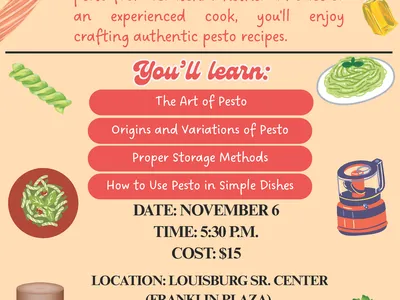 Pesto Making Class flyer with date, time, locfation, registration info on a colorful pesto ingredient background