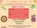 Pesto Making Class flyer with date, time, locfation, registration info on a colorful pesto ingredient background