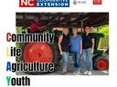 NC Cooperative Extension logos; four people standing by a green tractor; text "Community Life Agriculture Youth"