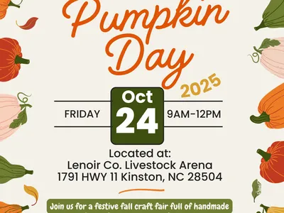 Pumpkin Day event flyer — Oct 24 2025, 9AM–12PM, Lenoir Co. Livestock Arena, Kinston NC