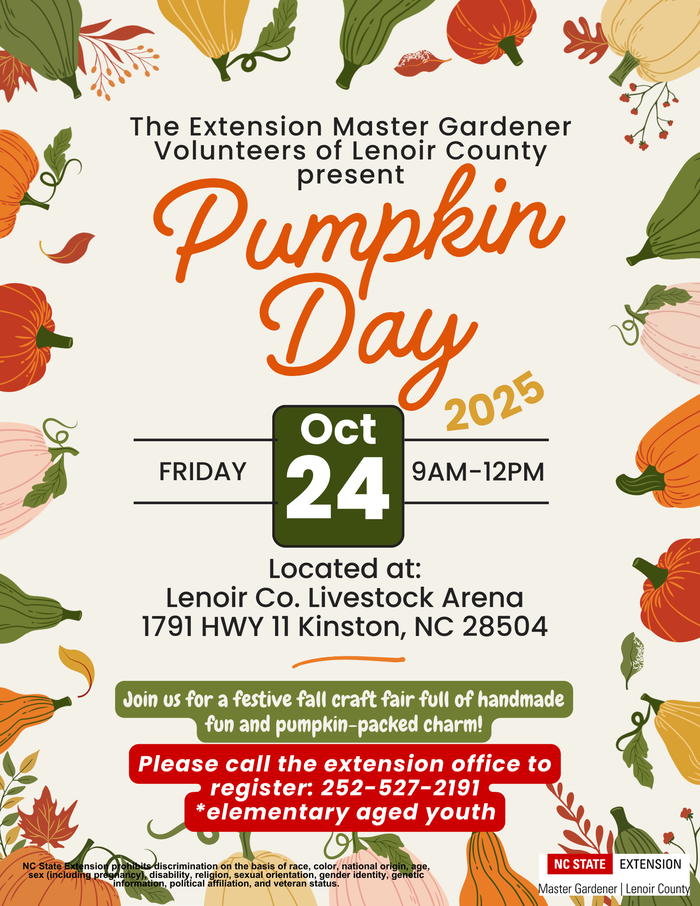 Pumpkin Day event flyer — Oct 24 2025, 9AM–12PM, Lenoir Co. Livestock Arena, Kinston NC