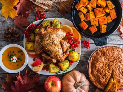 table scape with holiday foods