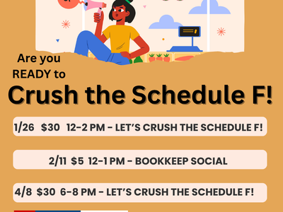 Person with megaphone; "Crush the Schedule F!" Dates: 1/26 $30 12–2PM, 2/11 $5 12–1PM, 4/8 $30 6–8PM