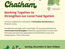 Sunday, November 9 2:00-4:30pm. Free event at the Chatham County Ag & Conference Center. Food Policy 101 presentation from Community Food Strategies and Carolina Farm Stewardship Association followed by an open discussion around farmland preservation, foo